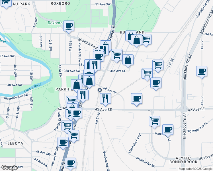 map of restaurants, bars, coffee shops, grocery stores, and more near 340 39 Avenue Southeast in Calgary