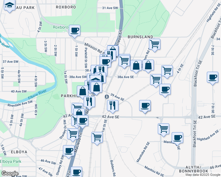 map of restaurants, bars, coffee shops, grocery stores, and more near 340 39 Avenue Southeast in Calgary