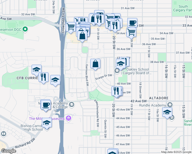 map of restaurants, bars, coffee shops, grocery stores, and more near 2198 Vimy Way Southwest in Calgary
