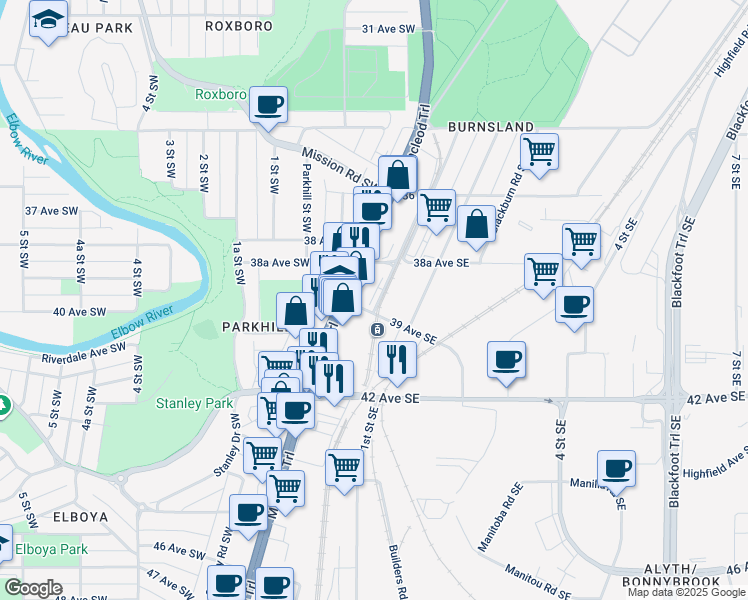map of restaurants, bars, coffee shops, grocery stores, and more near in Calgary