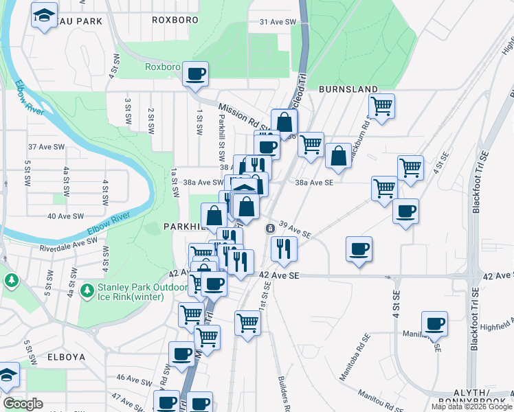map of restaurants, bars, coffee shops, grocery stores, and more near in Calgary