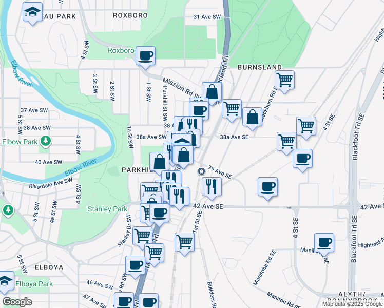 map of restaurants, bars, coffee shops, grocery stores, and more near in Calgary