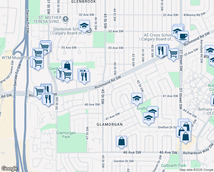 map of restaurants, bars, coffee shops, grocery stores, and more near 9 Gainsborough Drive Southwest in Calgary
