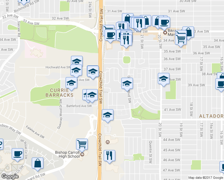 map of restaurants, bars, coffee shops, grocery stores, and more near 24 Ypres Way Southwest in Calgary