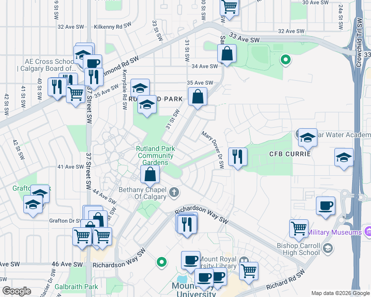 map of restaurants, bars, coffee shops, grocery stores, and more near in Calgary