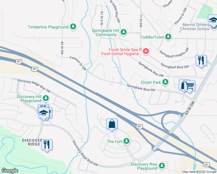 map of restaurants, bars, coffee shops, grocery stores, and more near 452 Springbank Place Southwest in Calgary