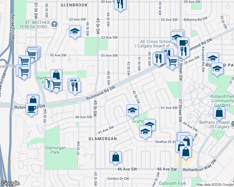 map of restaurants, bars, coffee shops, grocery stores, and more near 66 Gainsborough Drive Southwest in Calgary