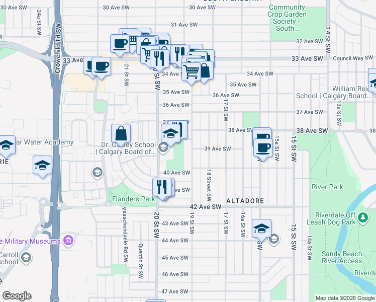 map of restaurants, bars, coffee shops, grocery stores, and more near in Calgary