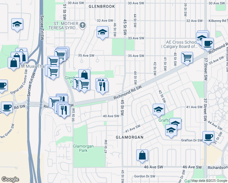 map of restaurants, bars, coffee shops, grocery stores, and more near 3809 45 Street Southwest in Calgary