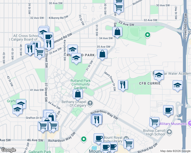 map of restaurants, bars, coffee shops, grocery stores, and more near in Calgary