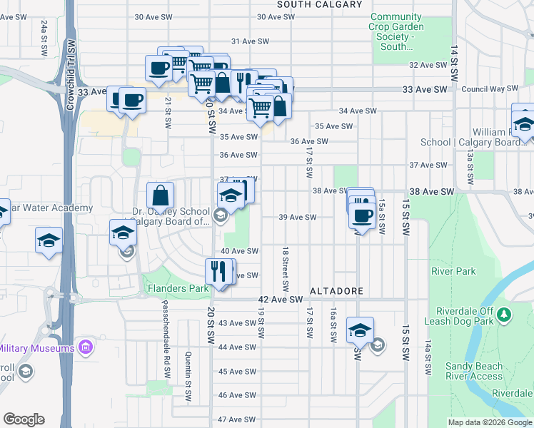 map of restaurants, bars, coffee shops, grocery stores, and more near in Calgary