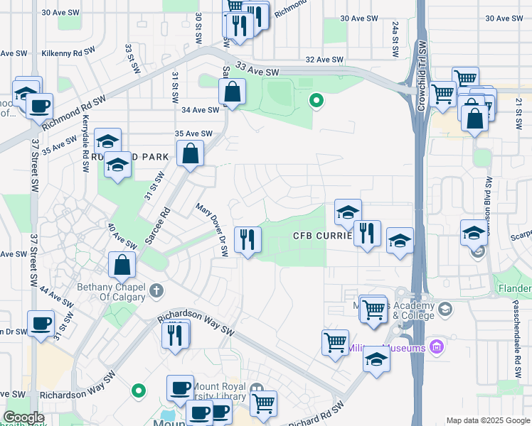 map of restaurants, bars, coffee shops, grocery stores, and more near 3951 Trasimene Crescent Southwest in Calgary