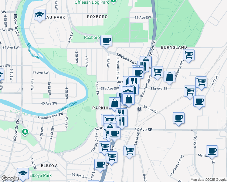 map of restaurants, bars, coffee shops, grocery stores, and more near in Calgary