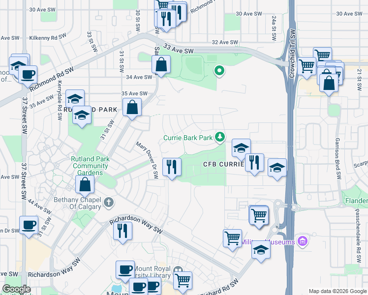 map of restaurants, bars, coffee shops, grocery stores, and more near 3911 Trasimene Crescent Southwest in Calgary