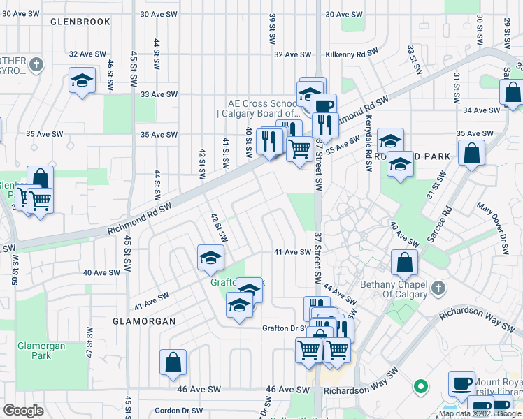 map of restaurants, bars, coffee shops, grocery stores, and more near 112 Gloucester Crescent Southwest in Calgary