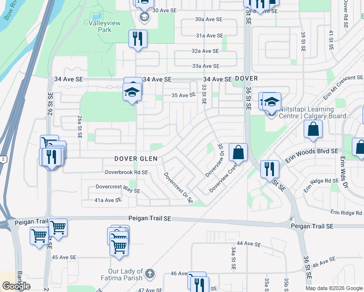 map of restaurants, bars, coffee shops, grocery stores, and more near 3272 Dover Ridge Drive Southeast in Calgary