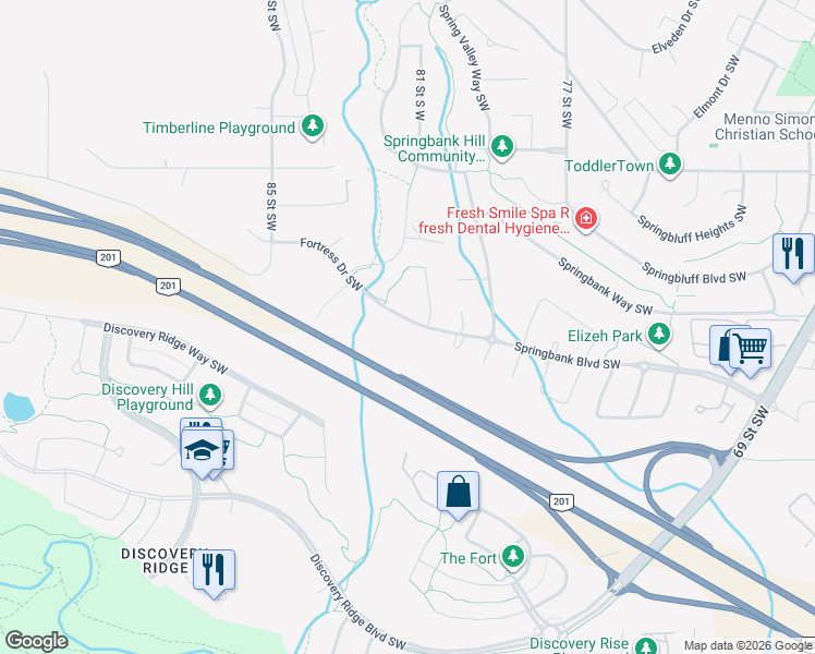 map of restaurants, bars, coffee shops, grocery stores, and more near 7934 Springbank Boulevard Southwest in Calgary