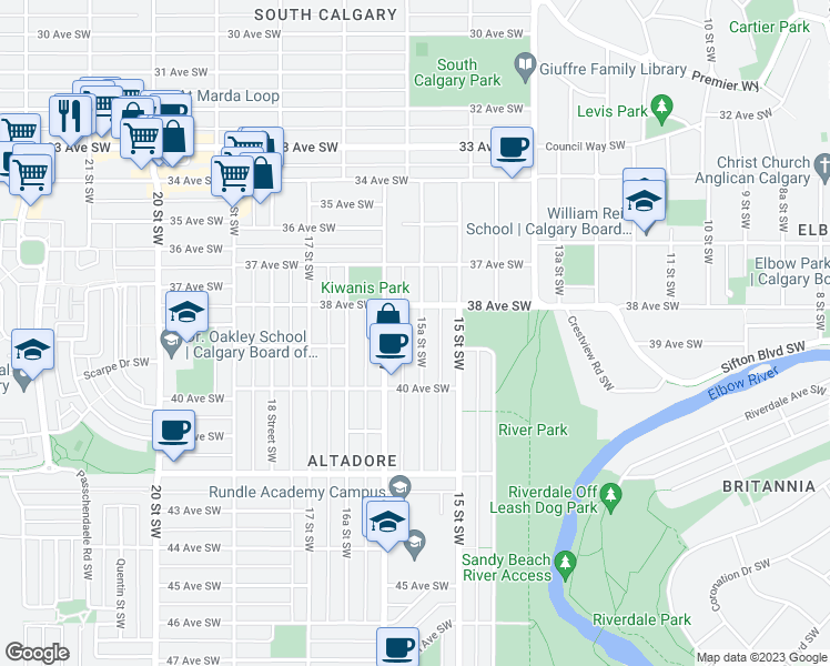 map of restaurants, bars, coffee shops, grocery stores, and more near 3919 15A Street Southwest in Calgary