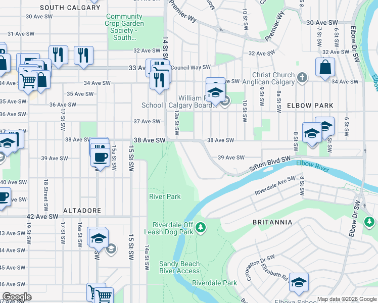 map of restaurants, bars, coffee shops, grocery stores, and more near 3920 Crestview Road Southwest in Calgary