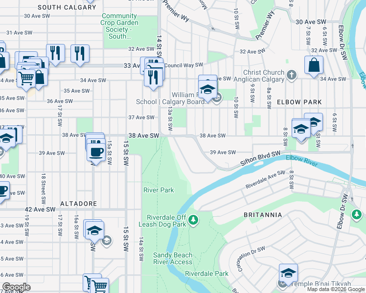 map of restaurants, bars, coffee shops, grocery stores, and more near 3920 Crestview Road Southwest in Calgary