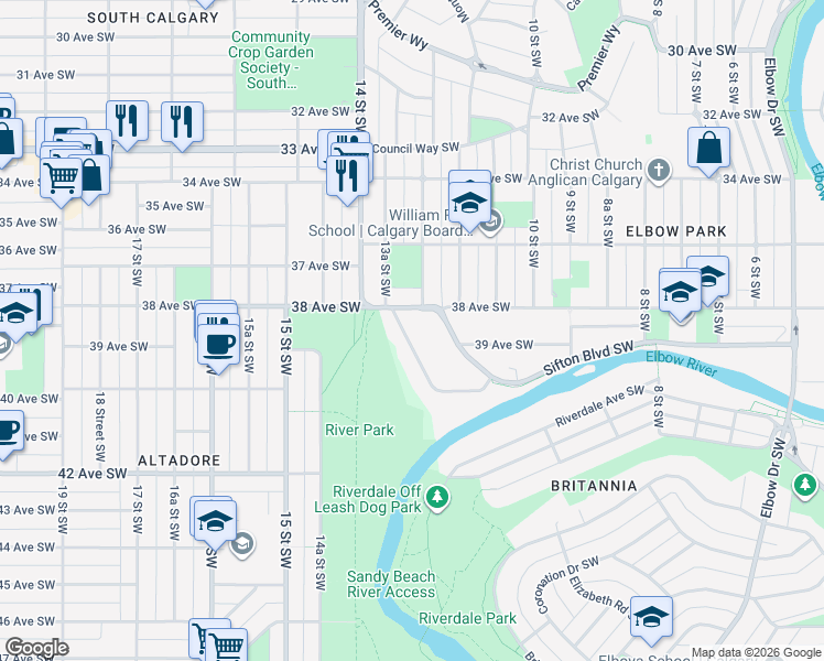map of restaurants, bars, coffee shops, grocery stores, and more near 3920 Crestview Road Southwest in Calgary