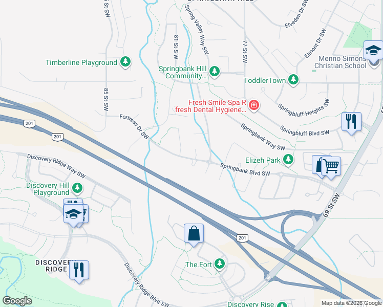 map of restaurants, bars, coffee shops, grocery stores, and more near 452 Springbank Place Southwest in Calgary