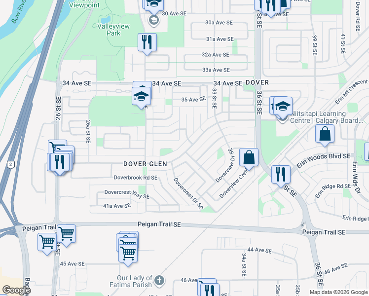 map of restaurants, bars, coffee shops, grocery stores, and more near 3272 Dover Ridge Drive Southeast in Calgary
