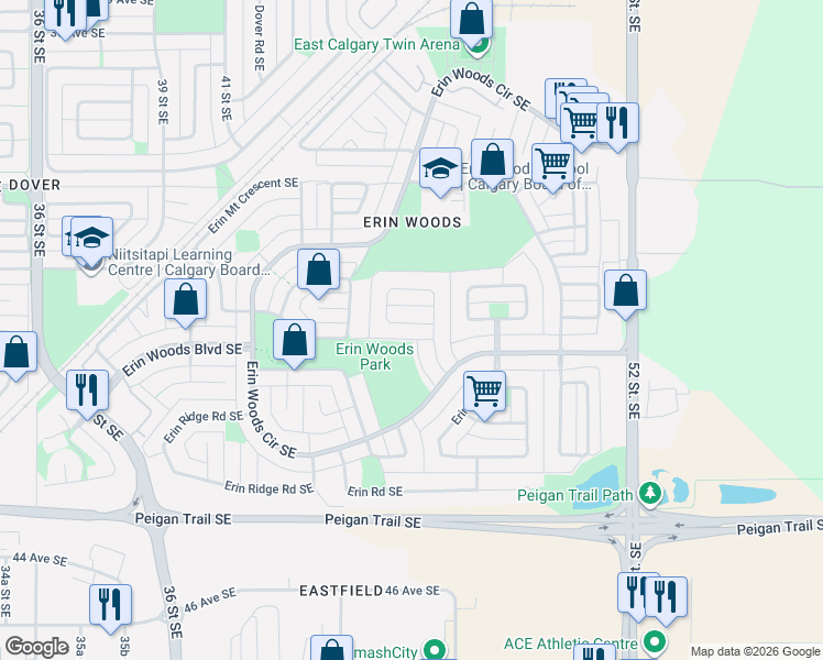 map of restaurants, bars, coffee shops, grocery stores, and more near 252 Erin Meadow Close Southeast in Calgary