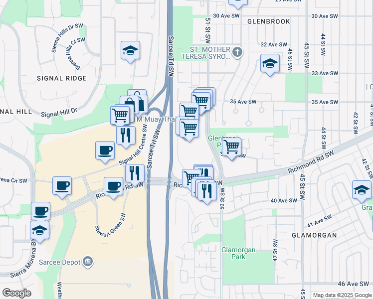 map of restaurants, bars, coffee shops, grocery stores, and more near 3915 51 Street Southwest in Calgary