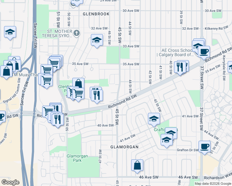 map of restaurants, bars, coffee shops, grocery stores, and more near in Calgary
