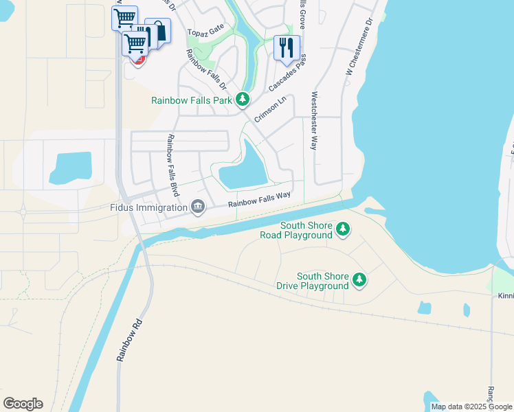 map of restaurants, bars, coffee shops, grocery stores, and more near 344 Rainbow Falls Way in Chestermere