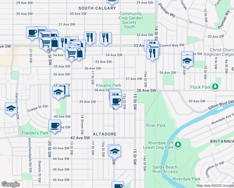 map of restaurants, bars, coffee shops, grocery stores, and more near 3908 16 Street Southwest in Calgary