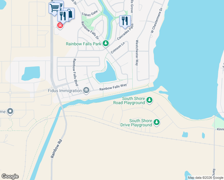 map of restaurants, bars, coffee shops, grocery stores, and more near 344 Rainbow Falls Way in Chestermere