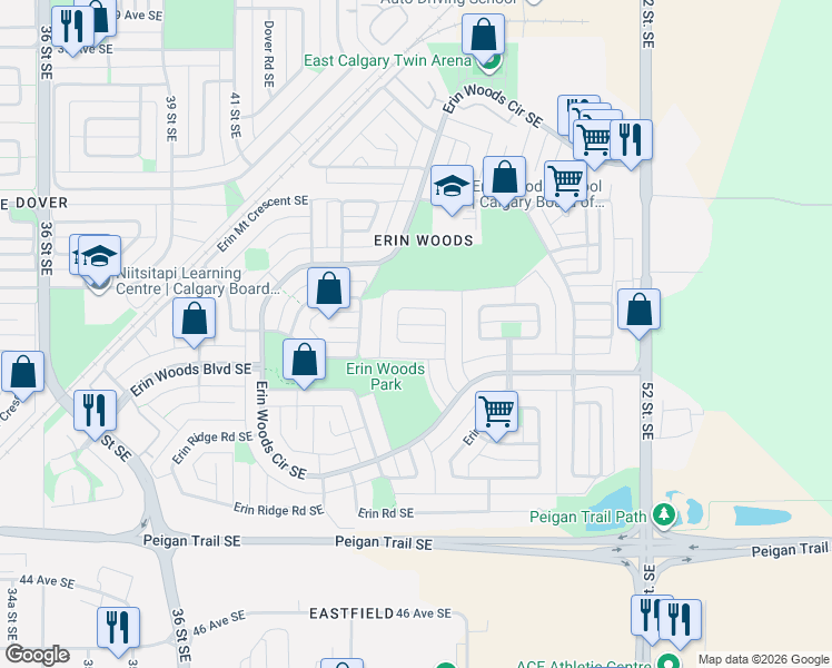 map of restaurants, bars, coffee shops, grocery stores, and more near 252 Erin Meadow Close Southeast in Calgary