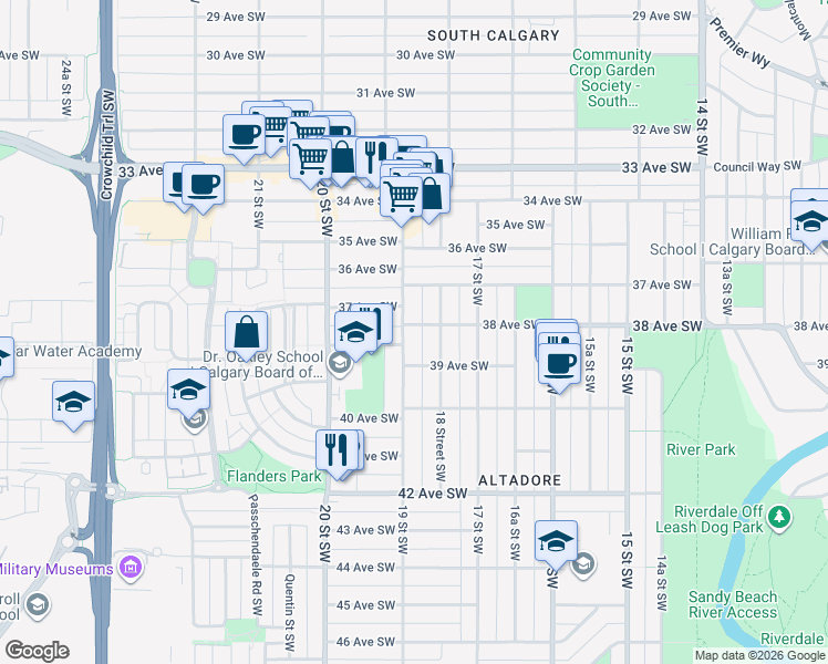 map of restaurants, bars, coffee shops, grocery stores, and more near in Calgary