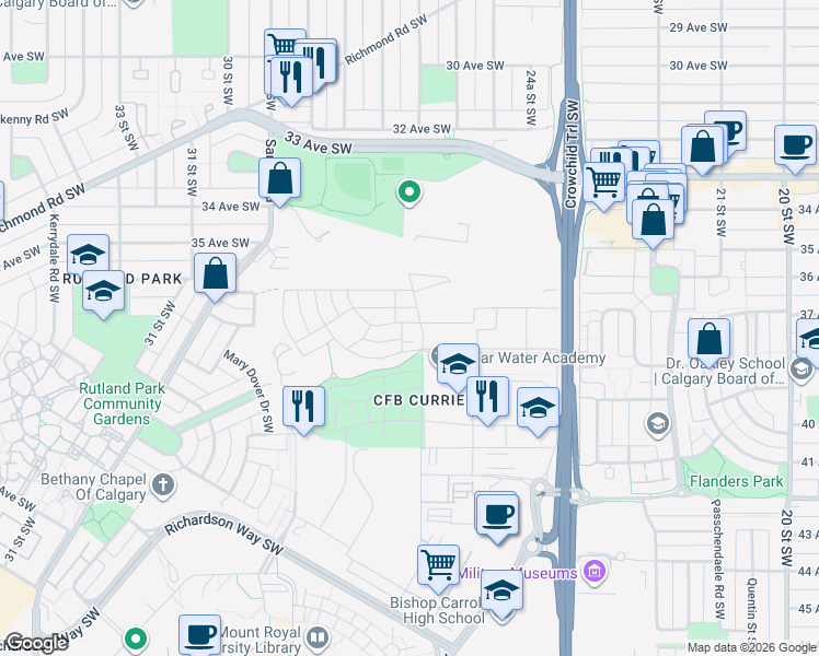 map of restaurants, bars, coffee shops, grocery stores, and more near in Calgary