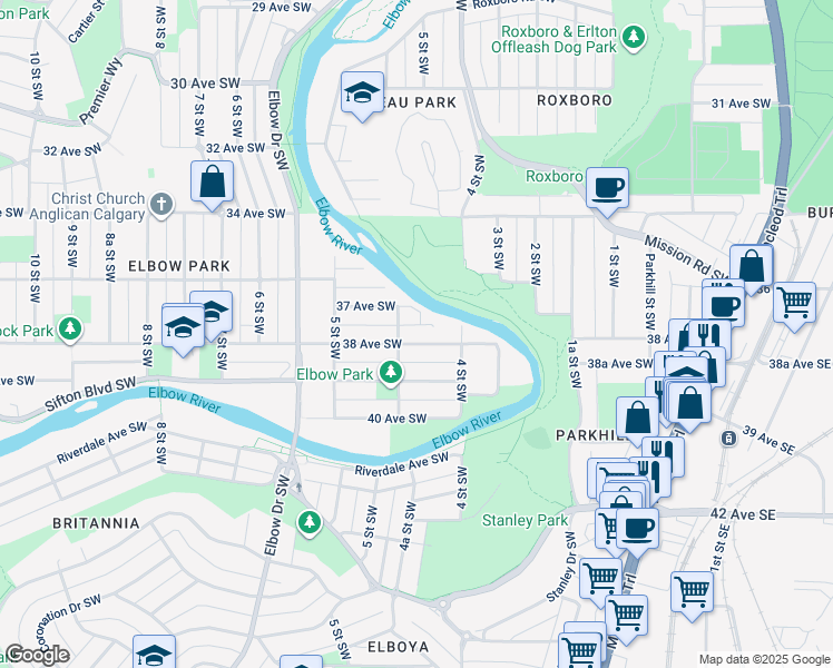 map of restaurants, bars, coffee shops, grocery stores, and more near 230 38 Avenue Southwest in Calgary