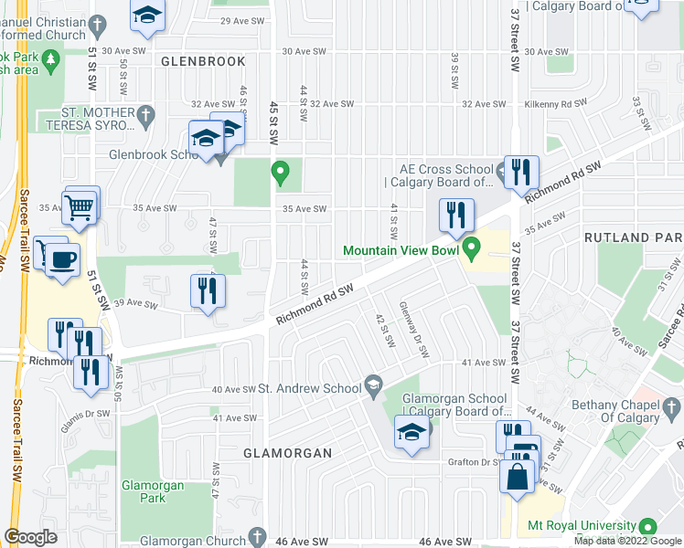 map of restaurants, bars, coffee shops, grocery stores, and more near in Calgary