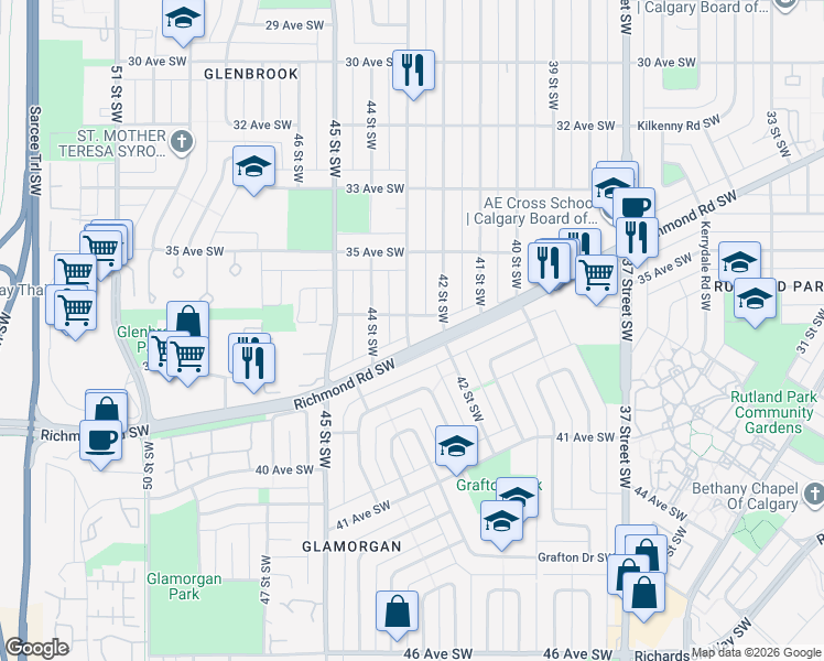 map of restaurants, bars, coffee shops, grocery stores, and more near in Calgary