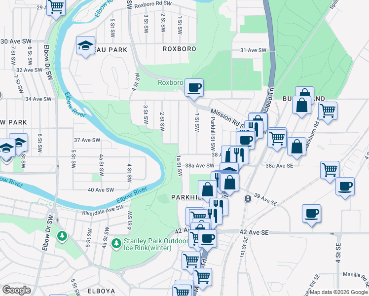 map of restaurants, bars, coffee shops, grocery stores, and more near in Calgary