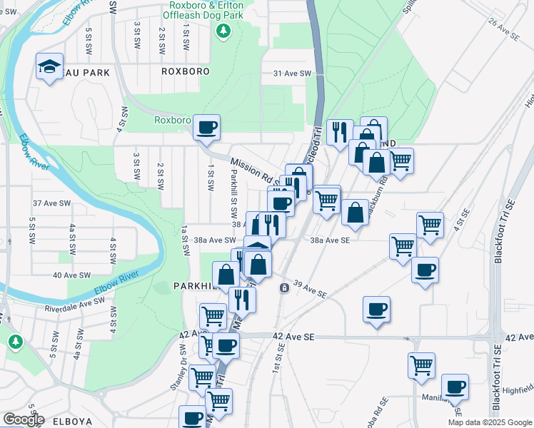 map of restaurants, bars, coffee shops, grocery stores, and more near 3815 Parkhill Place Southwest in Calgary