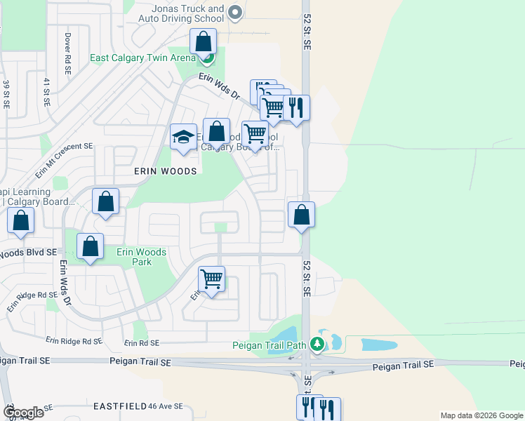 map of restaurants, bars, coffee shops, grocery stores, and more near 7 Erin Meadow Crescent Southeast in Calgary