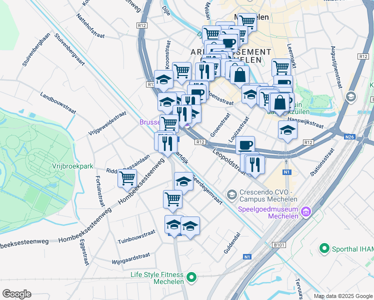 map of restaurants, bars, coffee shops, grocery stores, and more near in Mechelen