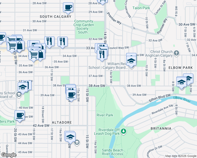 map of restaurants, bars, coffee shops, grocery stores, and more near 3818 14A Street Southwest in Calgary