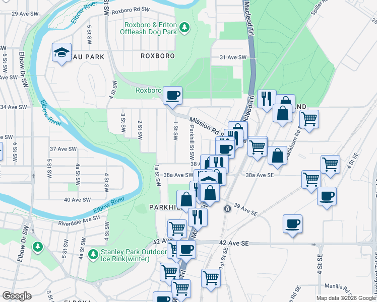 map of restaurants, bars, coffee shops, grocery stores, and more near 3825 Parkhill Street Southwest in Calgary