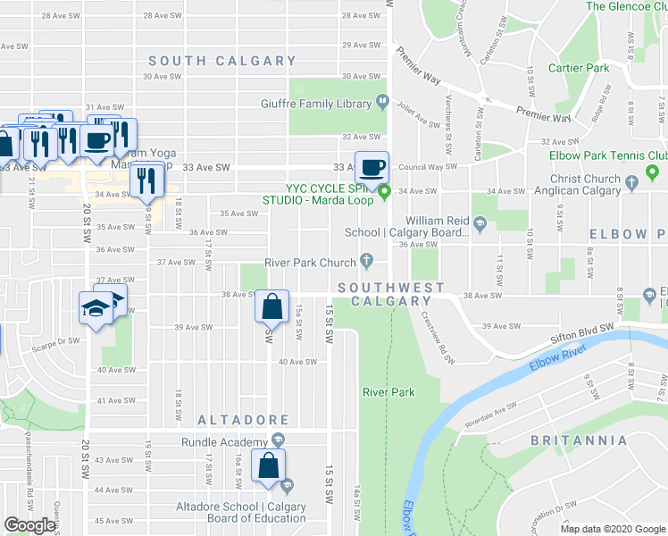 map of restaurants, bars, coffee shops, grocery stores, and more near 3804 15 Street Southwest in Calgary