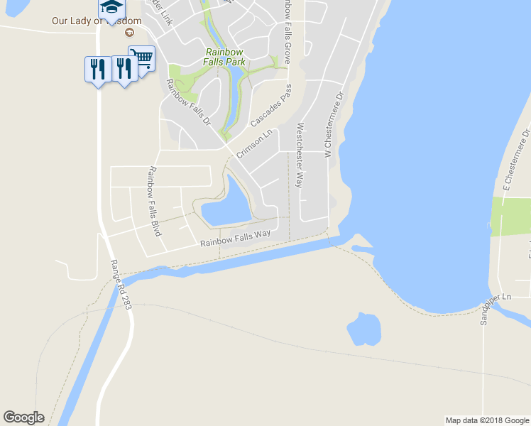 map of restaurants, bars, coffee shops, grocery stores, and more near 437 Rainbow Falls Way in Chestermere