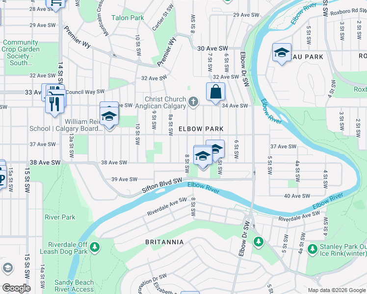 map of restaurants, bars, coffee shops, grocery stores, and more near 3819 8 Street Southwest in Calgary