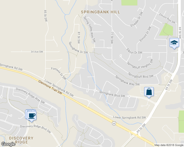 map of restaurants, bars, coffee shops, grocery stores, and more near 3745 Springbank Drive Southwest in Calgary