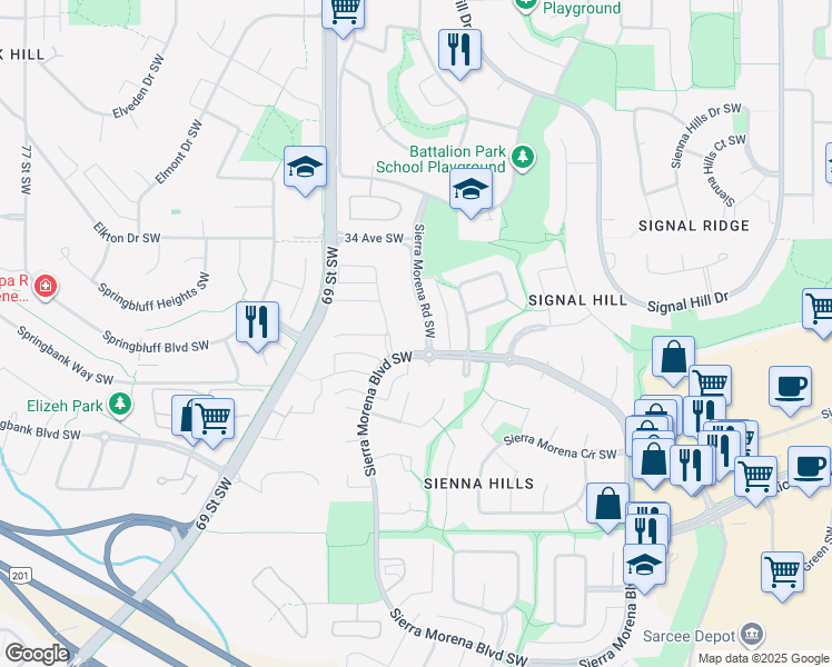 map of restaurants, bars, coffee shops, grocery stores, and more near 3663 Sierra Morena Road Southwest in Calgary